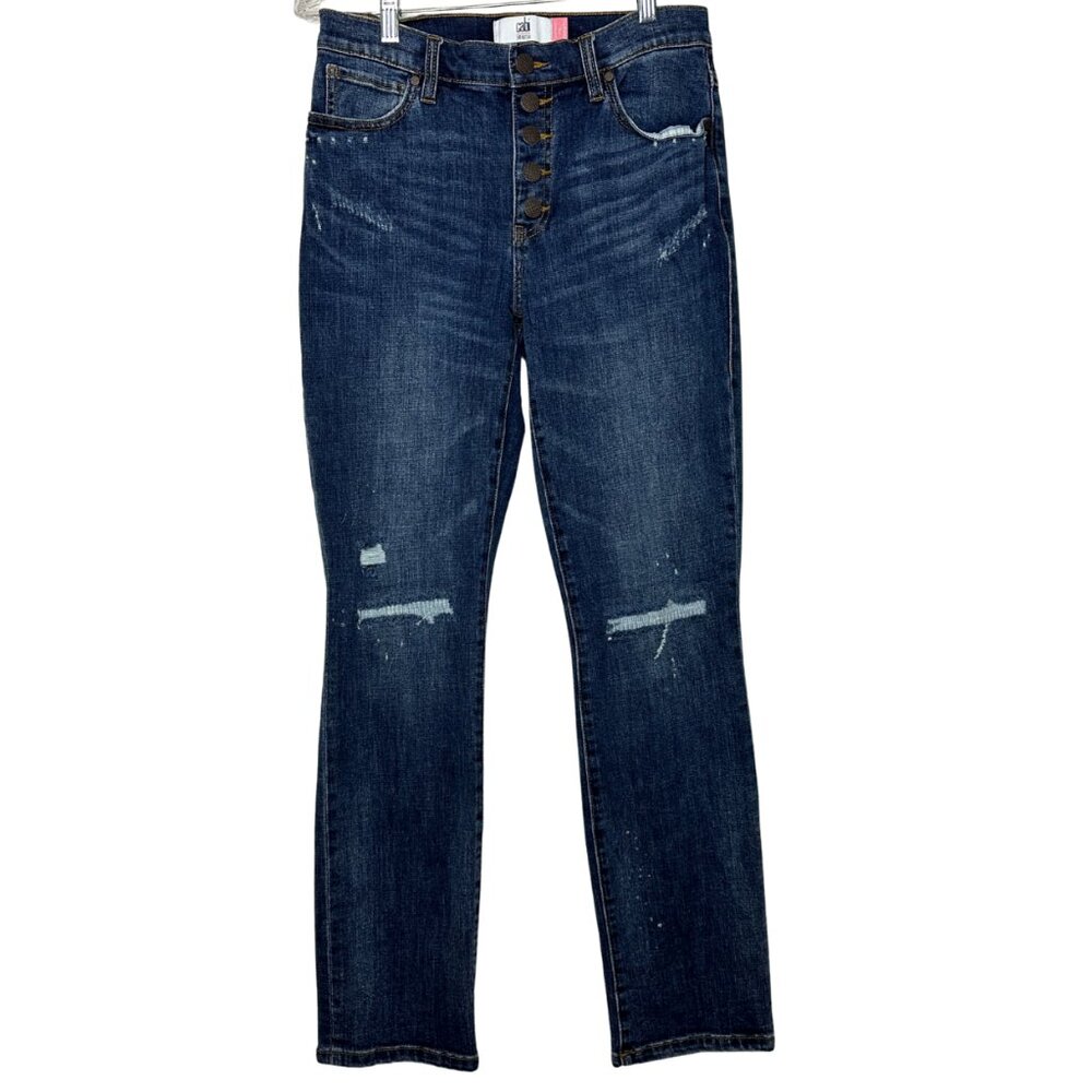 CAbi Button Fly Straight Jeans | Women's Denim Size 6 Style 6068 | Distressed